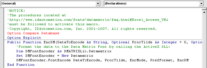 Expand the Modules folder and double-click the IDAutomation_DataMatrix_Macro to see the code