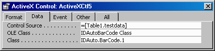 Binding the ActiveX Barcode to the Access Data Source.