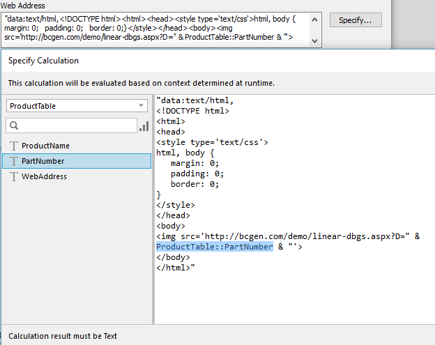 Open the barcode object and choose Specify Calculation