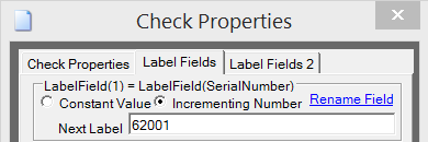 The Label Properties Tab Allows Constant Value or Incrementing NumberFields