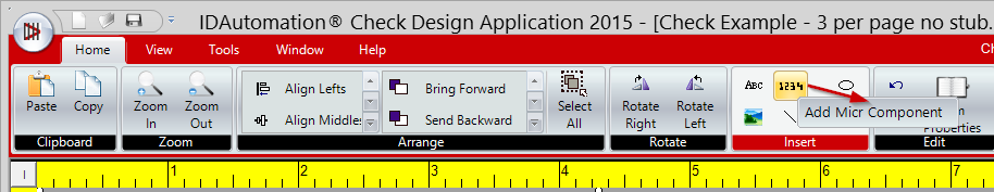 Toolbar Icons Allow Adding Text, MICR Character and Graphic Objects to the Design Area.