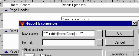 Define the report field and expression for the barcode...