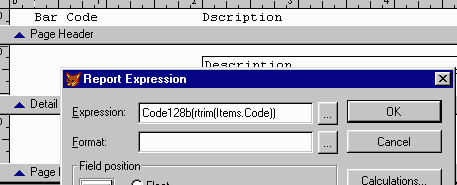 Define a report field and expression for it in case of using Bar Code functions