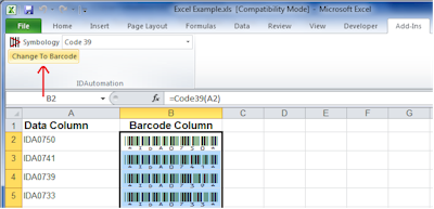 This Barcode Has Been Changed From Code 128 To Code 39 Using the Barcode Add-In for Excel