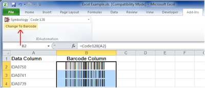 Highlight All Data Cells in a Column and Click Change To Barcode