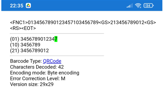 Scan Result - GS1 QR Code with two FNC1 and MOD10 verification, ending in GS, RS, and EOT