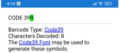 Scan Result - Code 39 with space and check digit verification showing in green when the last character is a MOD43. 