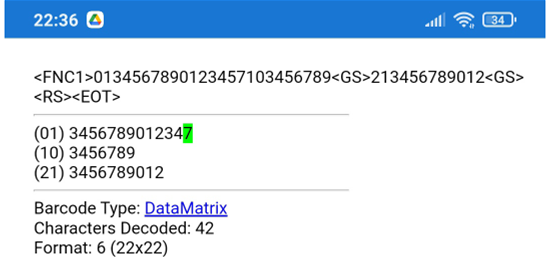 Scan Result - GS1 Data Matrix with two FNC1, ending in GS, RS, and EOT