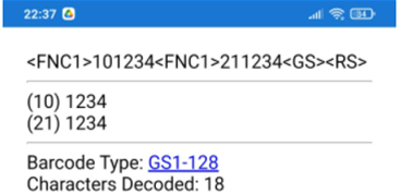 Scan Result - GS1-128 with two FNC1 and lower ASCII functions.