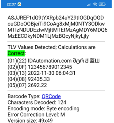 TLV Base64 tested with the IDAutomation Data Decoder Verifier App