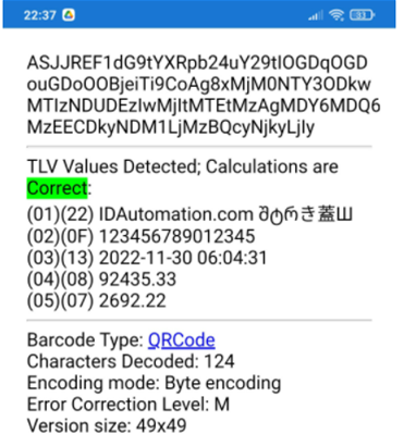 Scan Result - TLV Base-64 encoded QR Code invoice example with UTF 8.