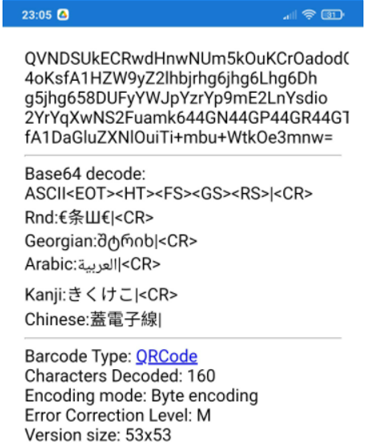 Scan Result - Base64 encoded UTF-8 with lower ASCII functions.