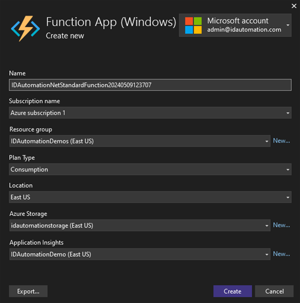 Azure function wizard in visual studio