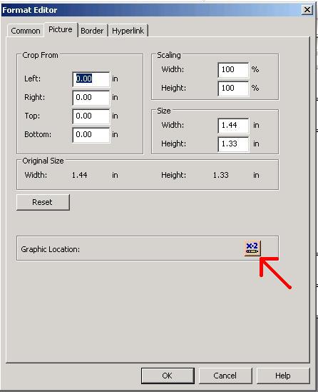 Select the Picture Tab and Click on the Graphic Location Icon