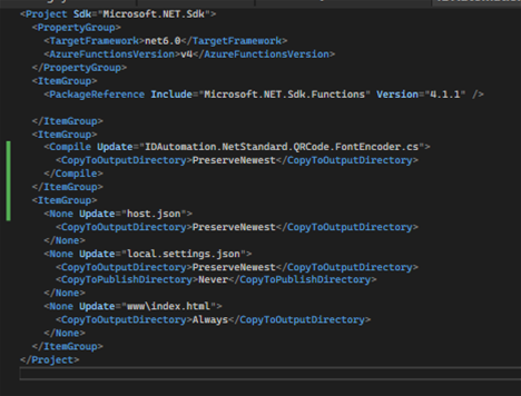 A visual example the csproj file for the project