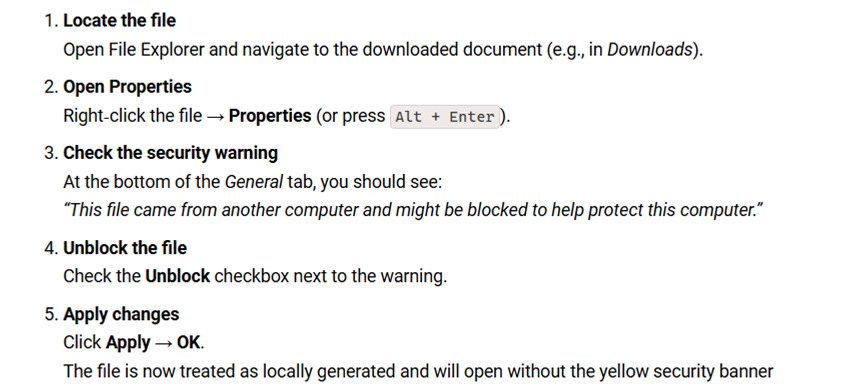 Unblock downloaded spreadsheet process Unblock downloaded spreadsheet process