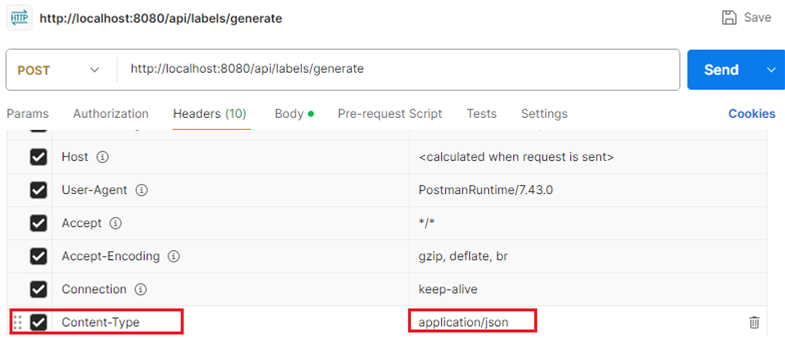 An image of where to edit Postman to add the Content-Type and application/json within the Headers section.