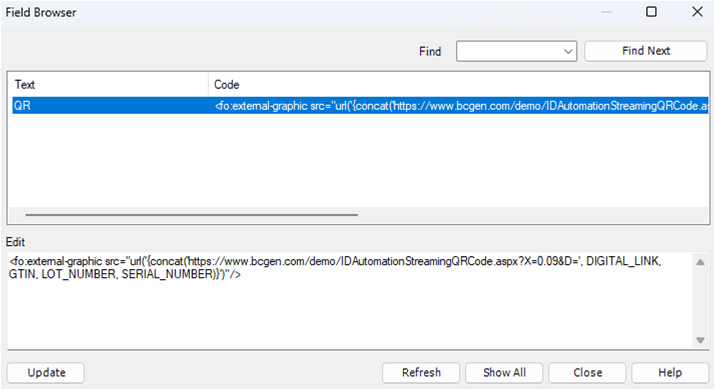 The code of what is behind the QR Code, one could either edit the QR column by double-clicking or editing the field browser tool