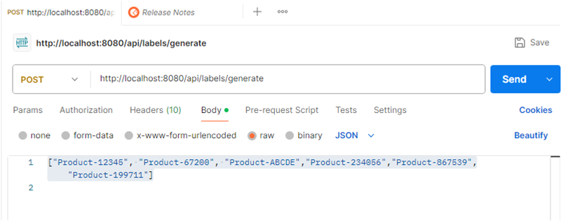 A list of product IDs in raw JSON format within the Body of the Postman test