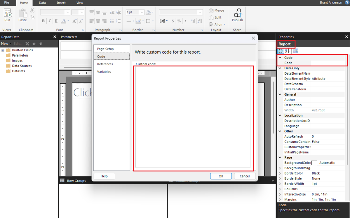 Visual of where one would add the custom code into the report