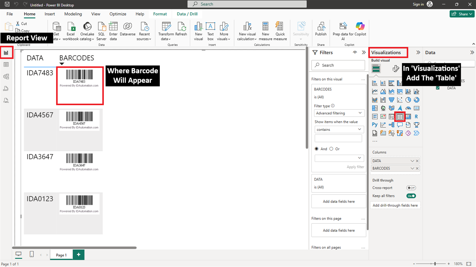 Visual of adding the table that generates the barcode image in Report View