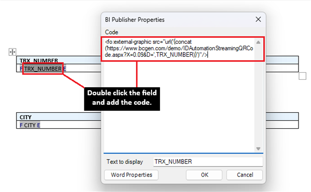 Visual in BI Publisher of what the code behind the TRX_NUMBER field looks like in order to generate a QR Code.