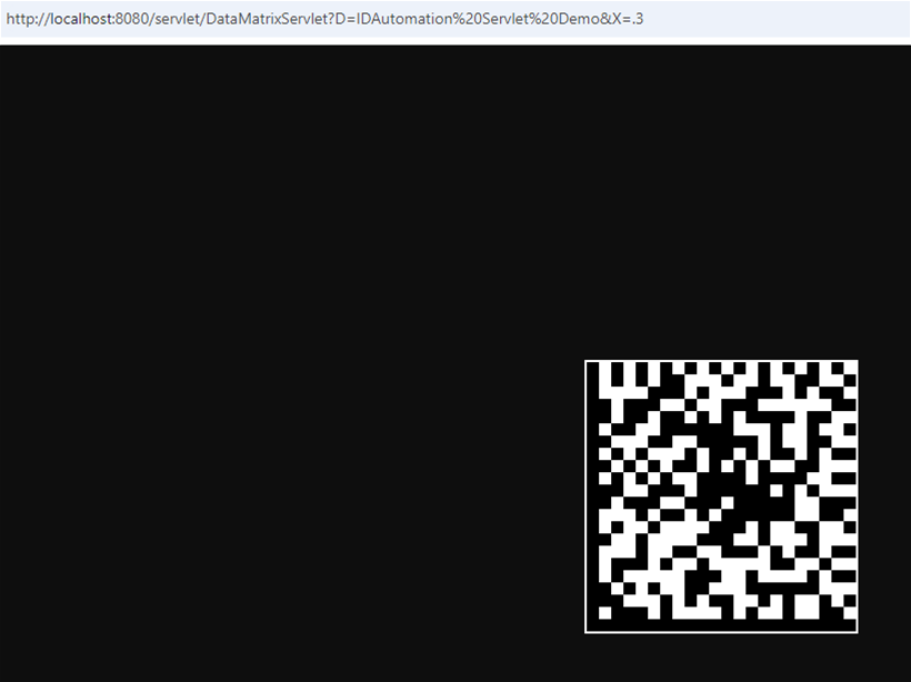 A Data Matrix barcode is generated and displayed using the IDAutomation Java Servlet, it scans as "IDAutomation Servlet Demo" and the parameter sets the XDeminsion to .3