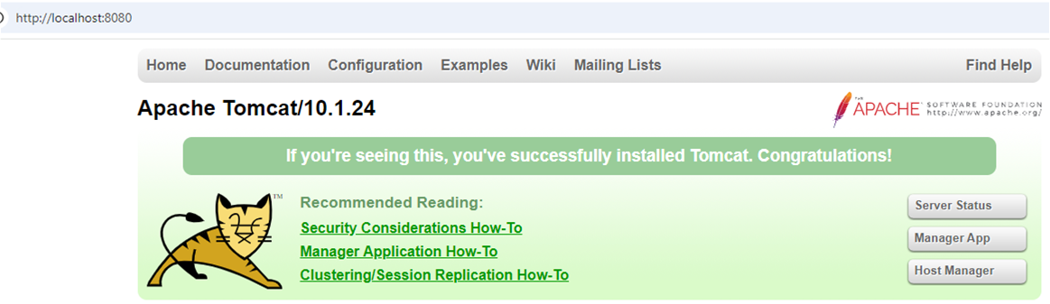 Verification of the Apache TomCat 10.1 running in LocalHost at port 8080