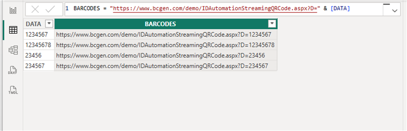 Adding the barcode column that  holds the forumla to generate the image URL QRCode
