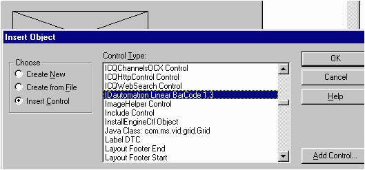 Insert Linear Bar Code ActiveX control to form