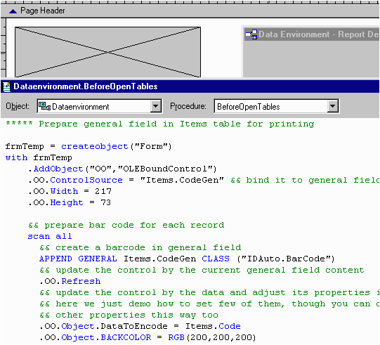 Define code for preparing the Bar Code ActiveX in General field