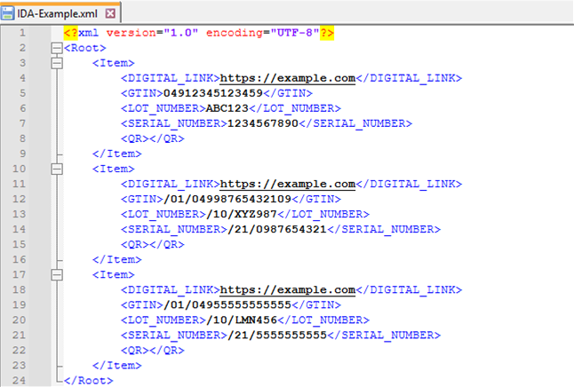 An example of what the GS1 Digital Link XML Data in Notepad++ can appear as