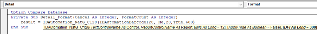 To modify the size of the symbol or other parameters of the barcode, place a comma after "Me"