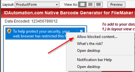 Be sure to Allow Blocked Content in the barcode object.