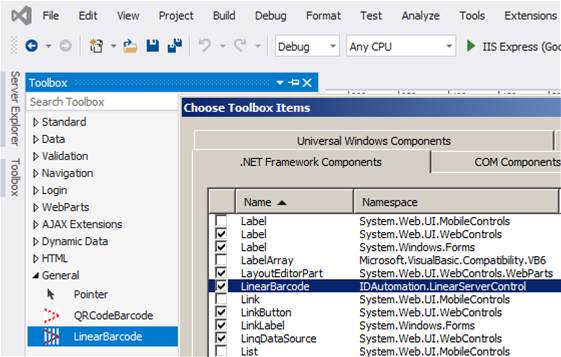 Adding the ASP.NET Web Control to the Visual Studio Toolbox.