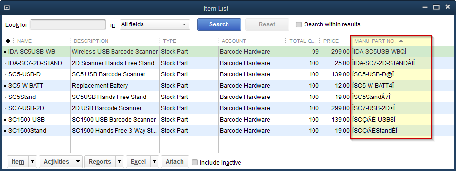 Barcoded Data appears in Item List