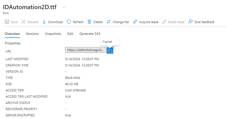 Visual of where to find the URL of the Azure Block Blob