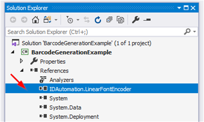 The IDAutomation .NET Assembly within a Visual Studio project.