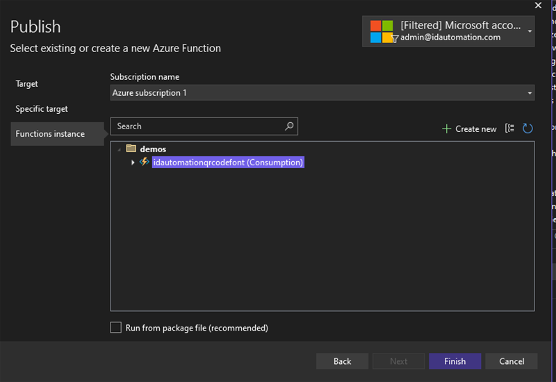 Publishing an instance in Visual Studio for Azure function
