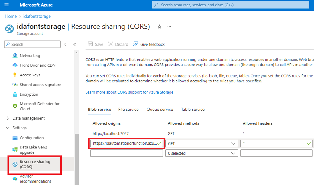 A visual of where to add the new Azure URL to CORs