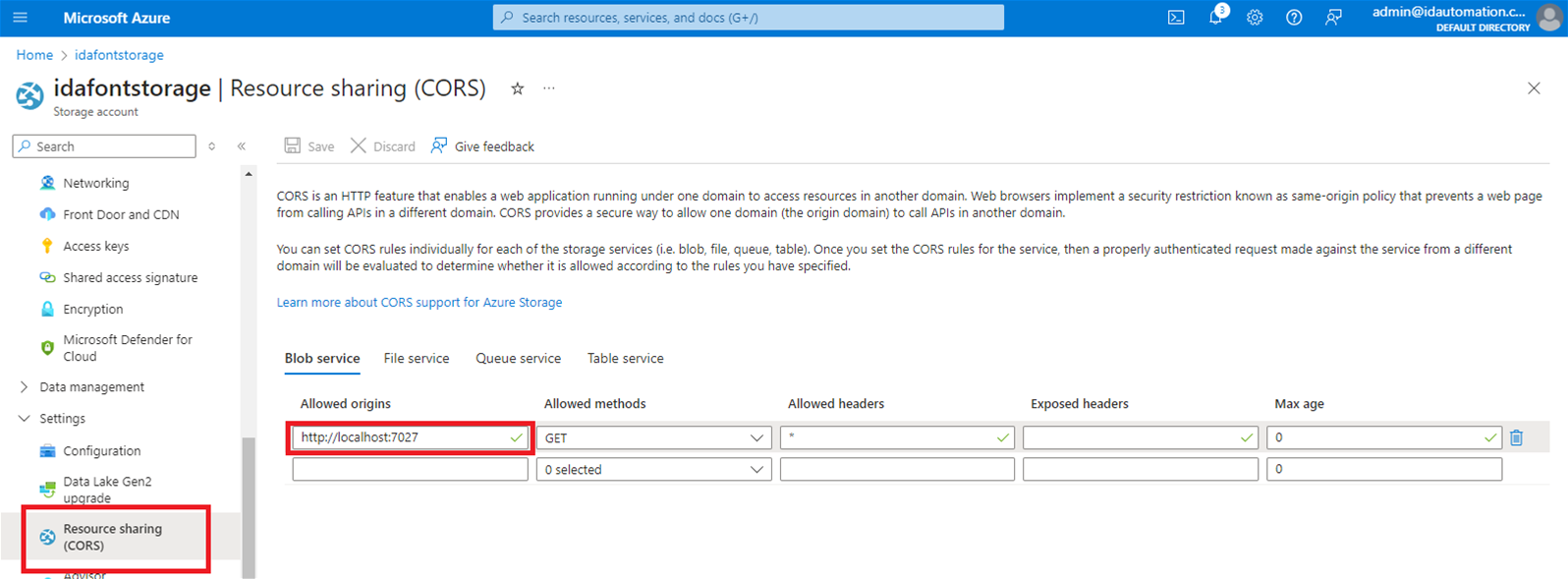 Visual of the cors policy in the Azure storage account to allow localhost
