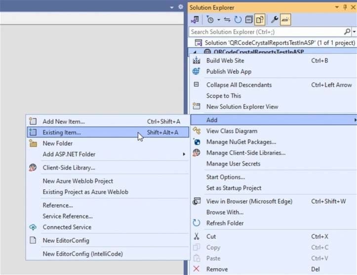 Right-click the project in the Solutions Explorer and select ‘add existing item’