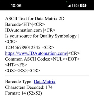 Data Matrix scan result