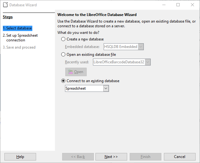 Choose Spreadsheet from existing Database options