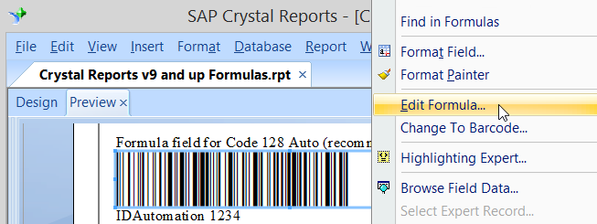 Edit barcode object formula