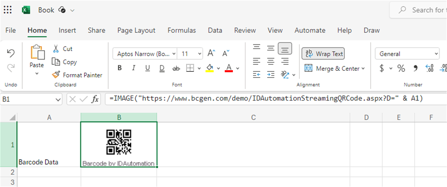 Generating a QR Code barcode in Excel 365 Web Version