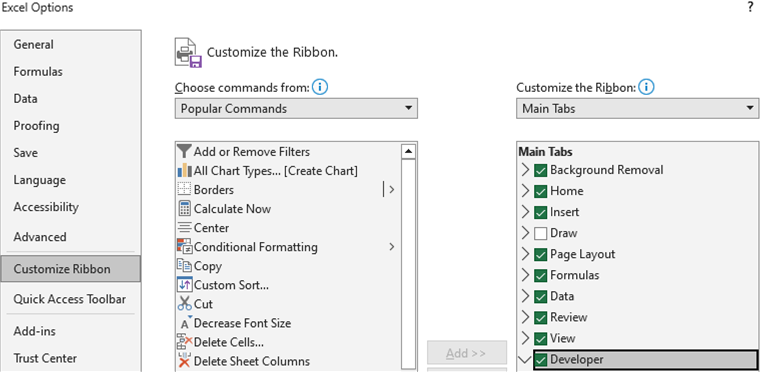 Enabling the developer tab in Excel