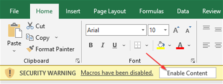 Choose to Enable Content - necessary for the VBA Barcode Macros to function