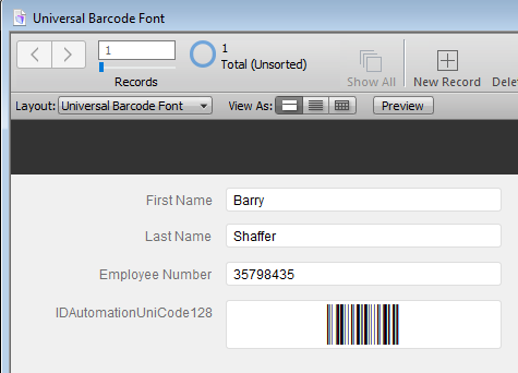 The barcode font result of the custom function.