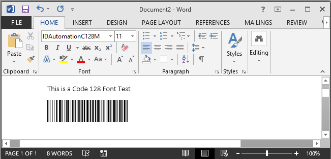 This Code 128 Barcode is Pasted into MS Word.